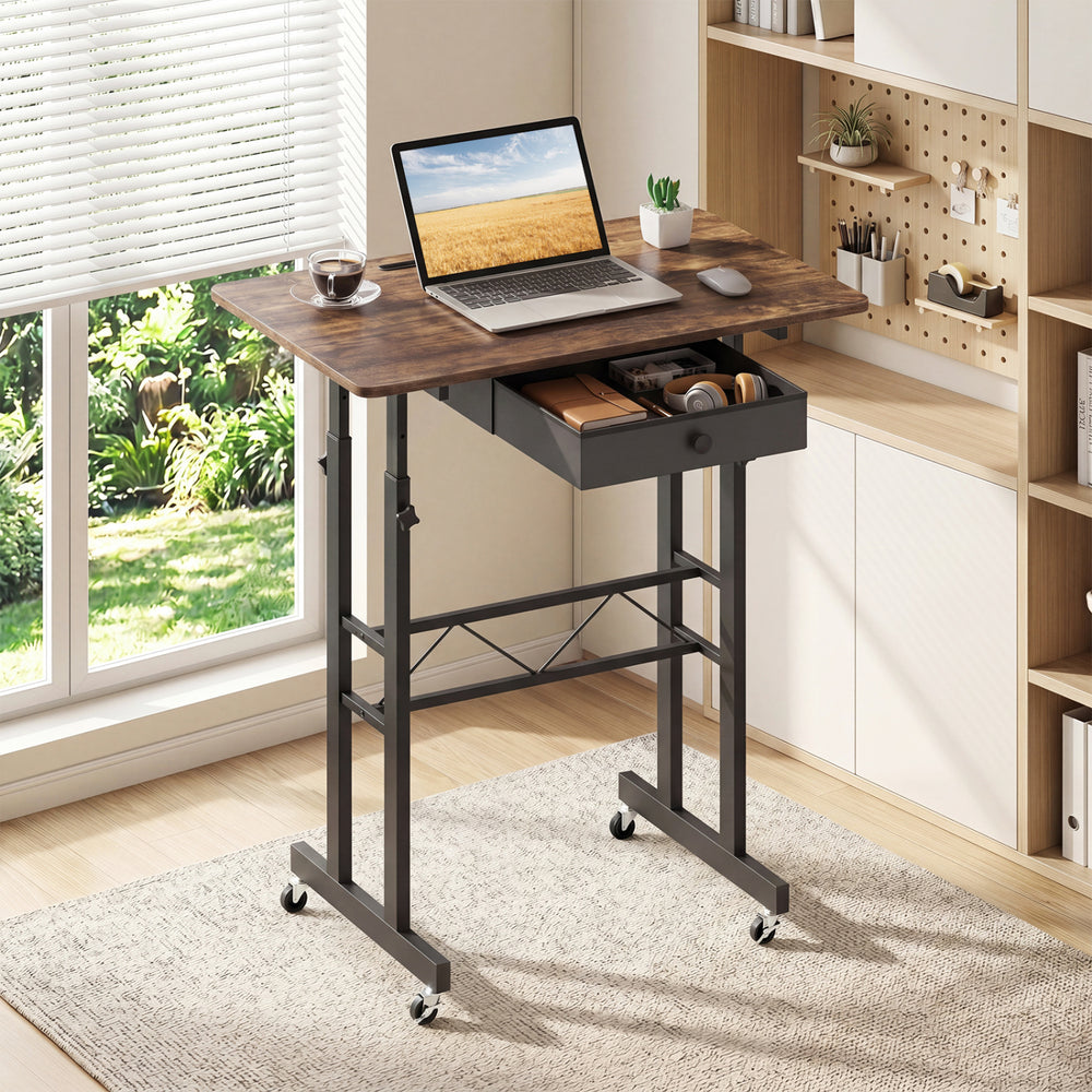 Height Adjustable Laptop Desk with Fabric Drawer Tablet Holder and Lockable Wheels-Rustic Brown - Gallery View 1 of 11