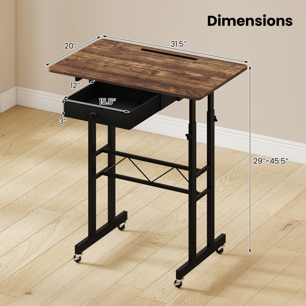 Height adjustable laptop desk in rustic brown with a fabric drawer, lockable wheels, and a spacious tabletop for versatile use.