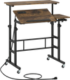 Height adjustable mobile standing desk in rustic brown with power outlets, ergonomic design, and rolling wheels for easy mobility.