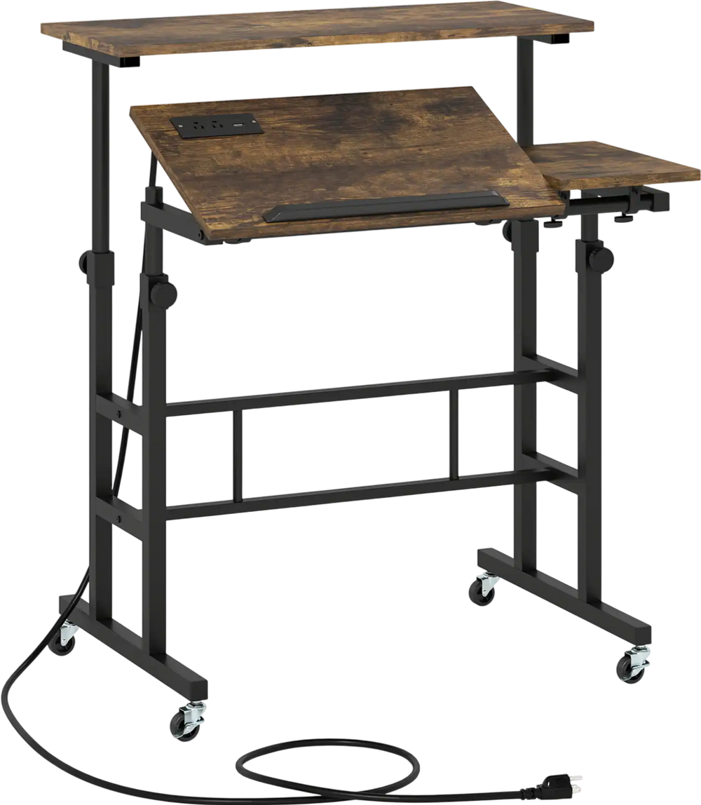 Height adjustable mobile standing desk in rustic brown with power outlets, ergonomic design, and rolling wheels for easy mobility.