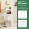 Height adjustable mobile computer stand-up desk in white with sturdy metal frame and bottom storage shelf for easy.