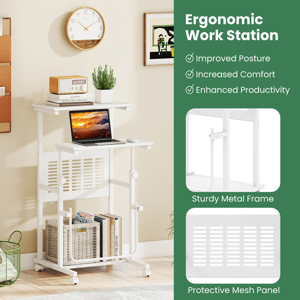 Height adjustable mobile computer stand-up desk in white with sturdy metal frame and bottom storage shelf for easy.