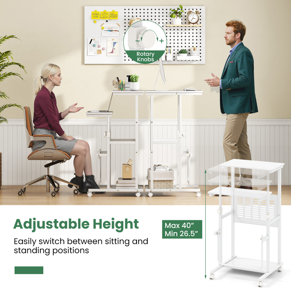 Height adjustable mobile computer stand-up desk in white, featuring ergonomic footrest and universal wheels for easy.