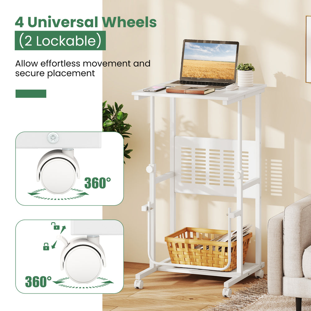 Height adjustable mobile computer stand-up desk in white with universal wheels for easy movement and bottom storage.