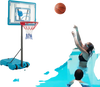 Height adjustable blue pool basketball hoop with sturdy backboard, ideal for kids and adults, shown by the poolside.