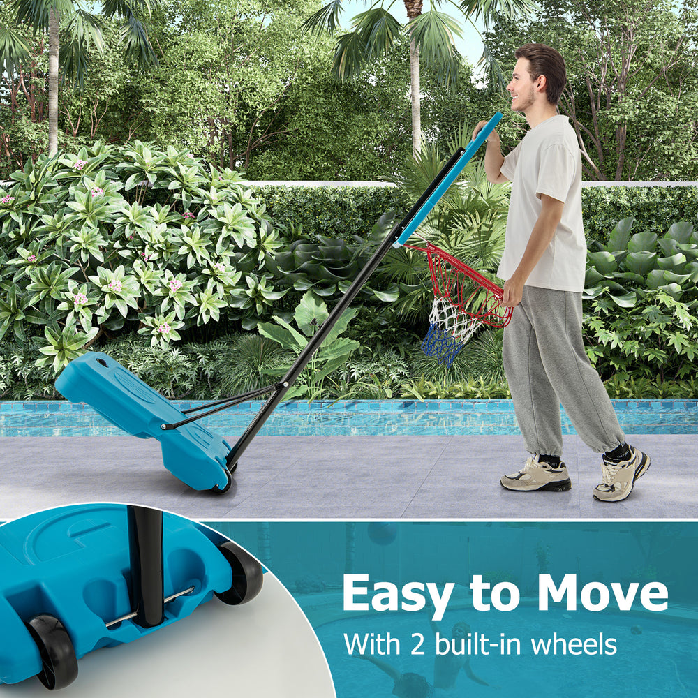 Height adjustable blue pool basketball hoop with built-in wheels for easy mobility, suitable for all ages.
