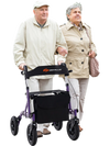 Height adjustable purple rollator walker with seat, featuring all-terrain wheels, used by seniors in a park.