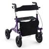 Height adjustable purple rollator walker with a large storage bag, all-terrain wheels, and a comfortable seat for.