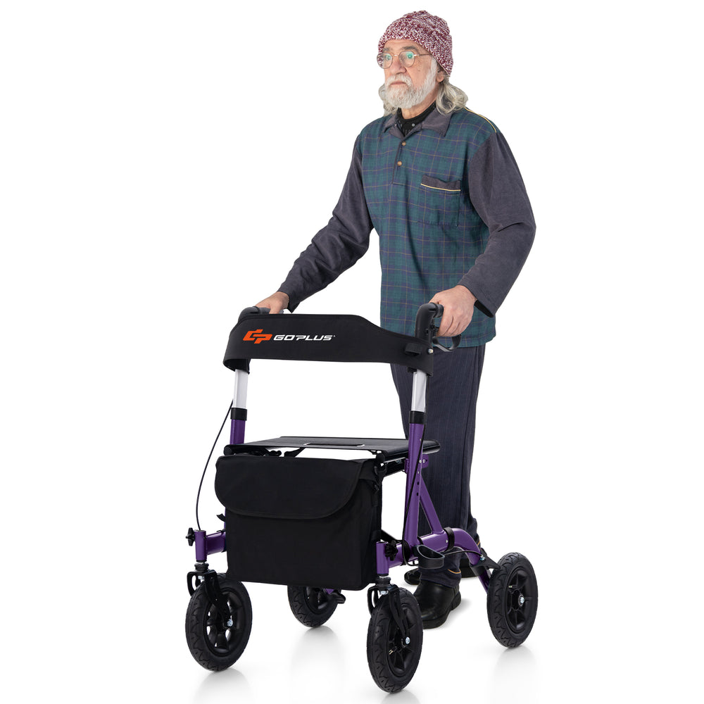 Height adjustable purple rollator walker with seat, large storage bag, and 9.5" all-terrain wheels for seniors.