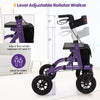 Height adjustable purple rollator walker with 9.5" all-terrain wheels, foldable design, and comfortable seat for.