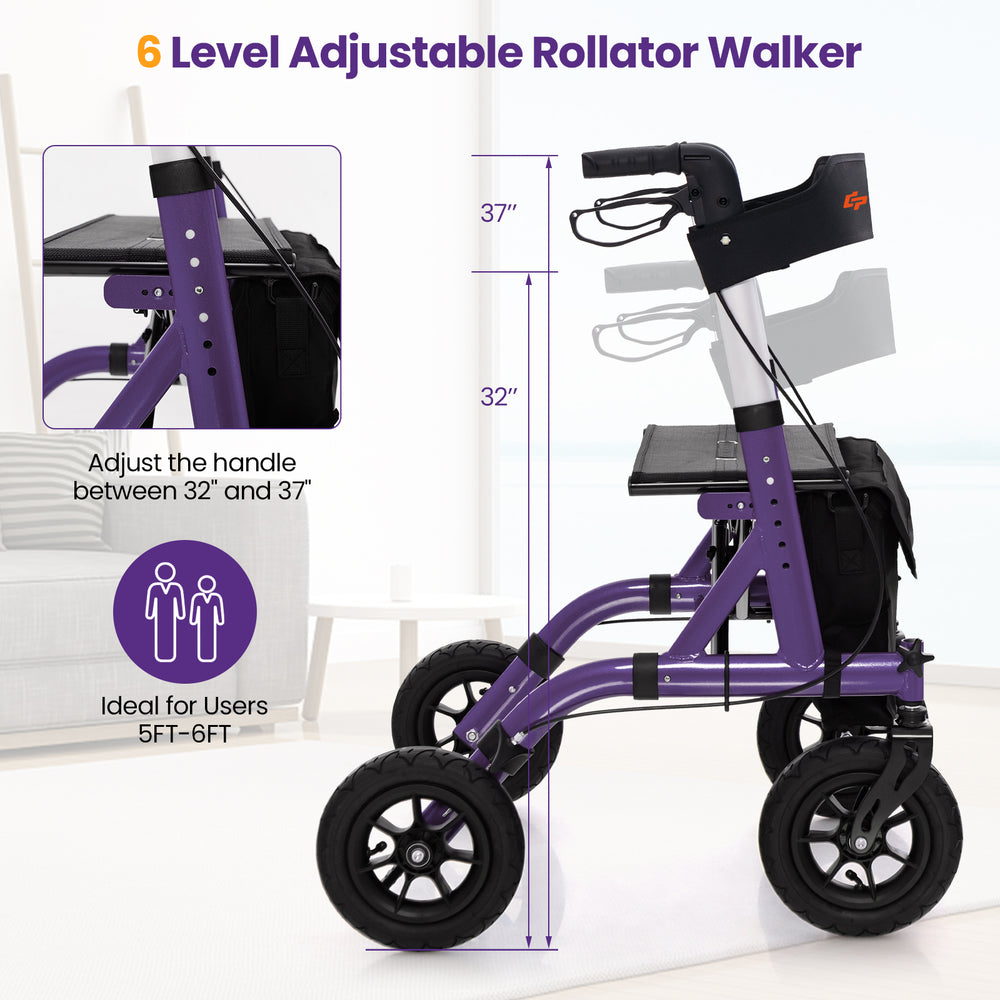 Height adjustable purple rollator walker with 9.5" all-terrain wheels, foldable design, and comfortable seat for.