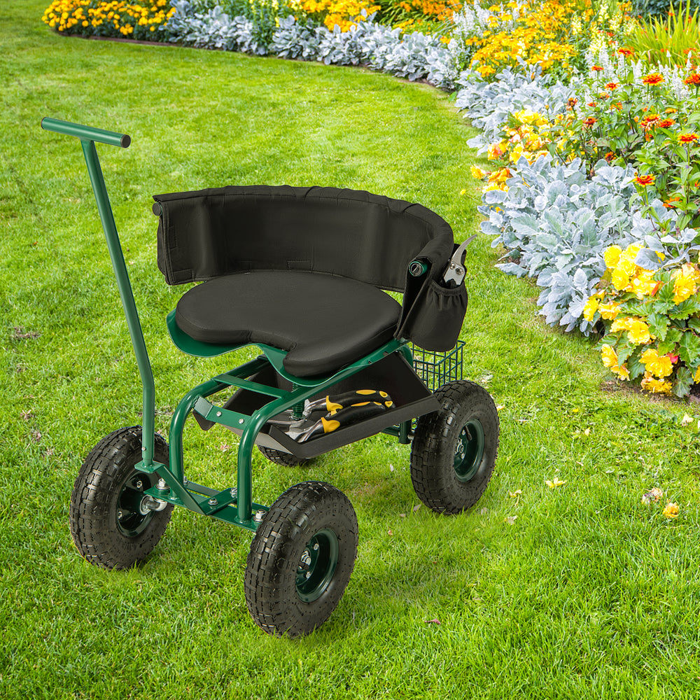 Rolling Garden Cart with Height Adjustable Swivel Seat and Storage Basket-Green - Gallery View 1 of 11