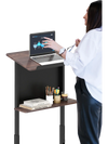 Height adjustable rolling podium stand with tilted tabletop, storage shelf, and lockable casters for presentations.