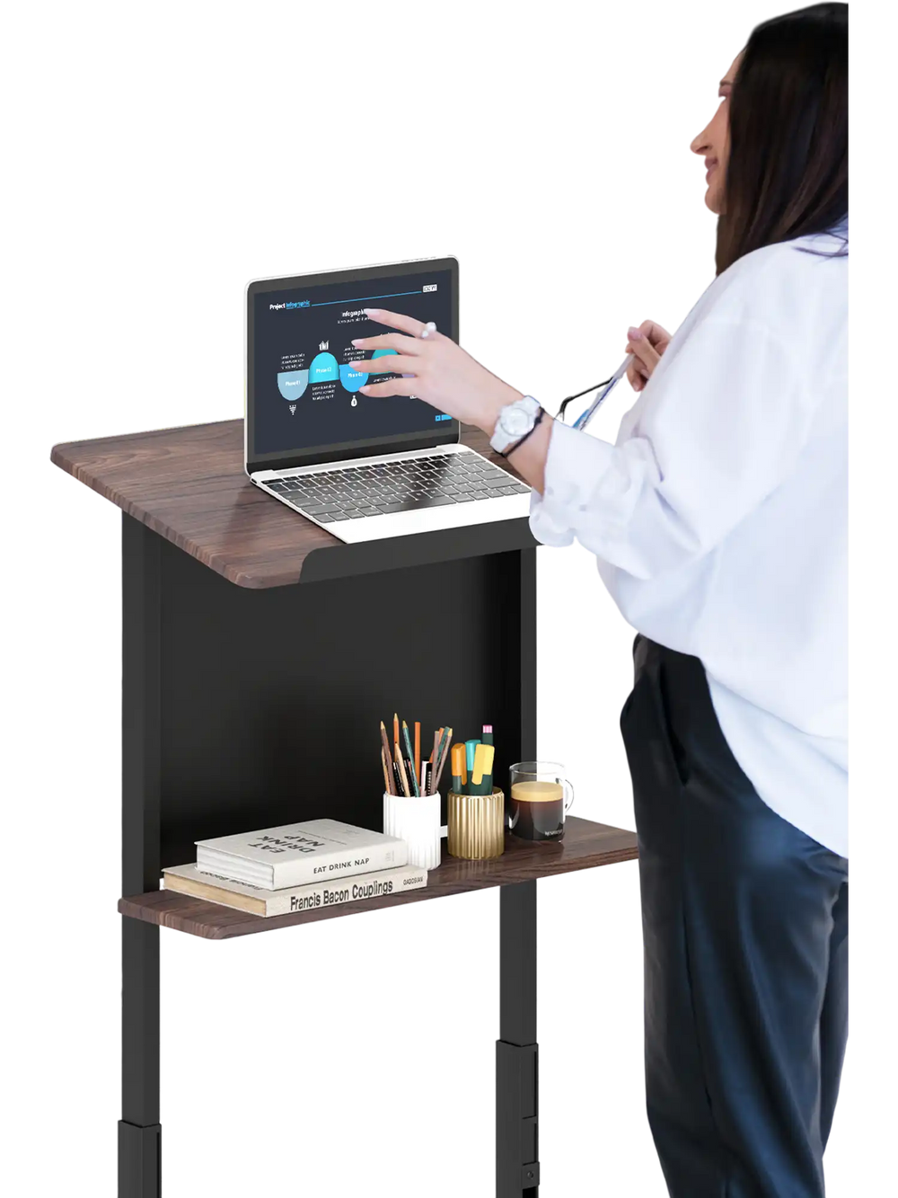 Height adjustable rolling podium stand with tilted tabletop, storage shelf, and lockable casters for presentations.