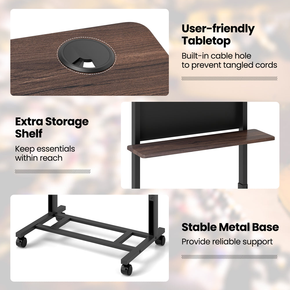 Height adjustable rolling podium stand with a user-friendly tabletop, extra storage shelf, and stable metal base.