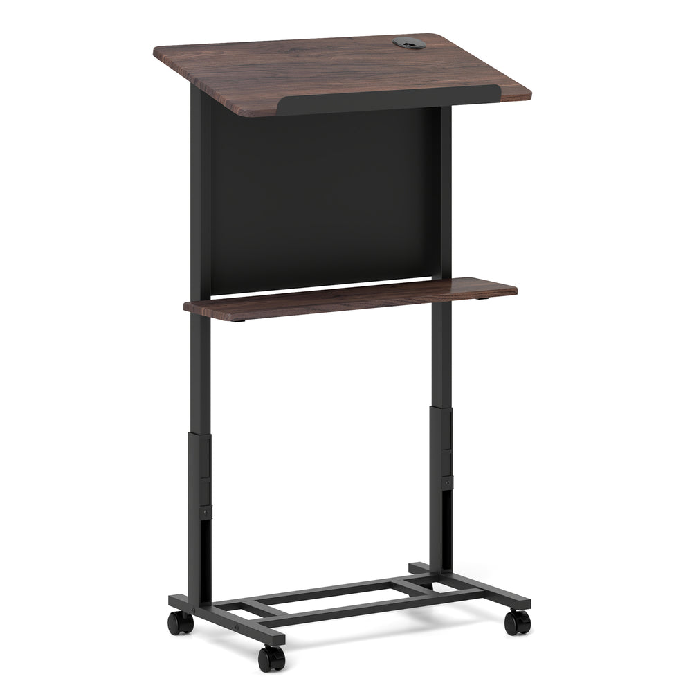 Height adjustable rolling podium stand with a tilted tabletop, extra storage shelf, and lockable casters for easy.