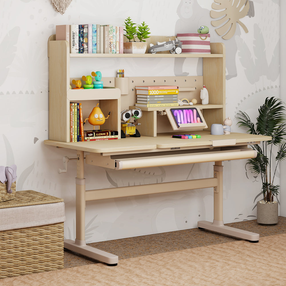 Height adjustable writing table in yellow with a tilt desktop, upper shelf, and retractable book stand for kids' study.