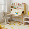 Height adjustable writing table in yellow with tilt desktop, retractable book stand, and spacious storage for kids'.