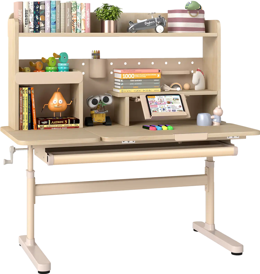 Height adjustable writing table in yellow with a hand-cranking system for easy height adjustment and safe rounded edges.