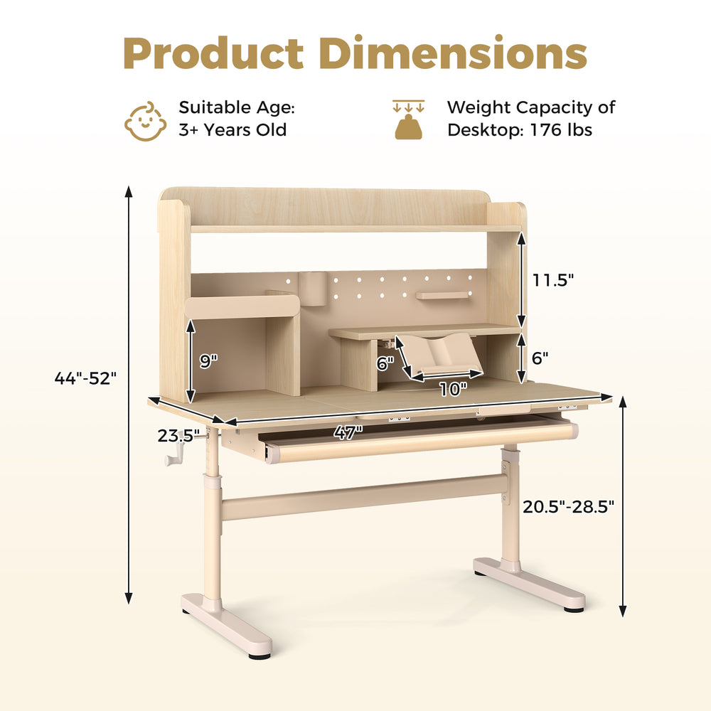 Height adjustable writing table with tilt desktop, measuring 47"x23.5", designed for kids' study and storage needs.