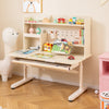 Height adjustable writing table in yellow with tilt desktop, storage shelves, and retractable book stand for kids'.