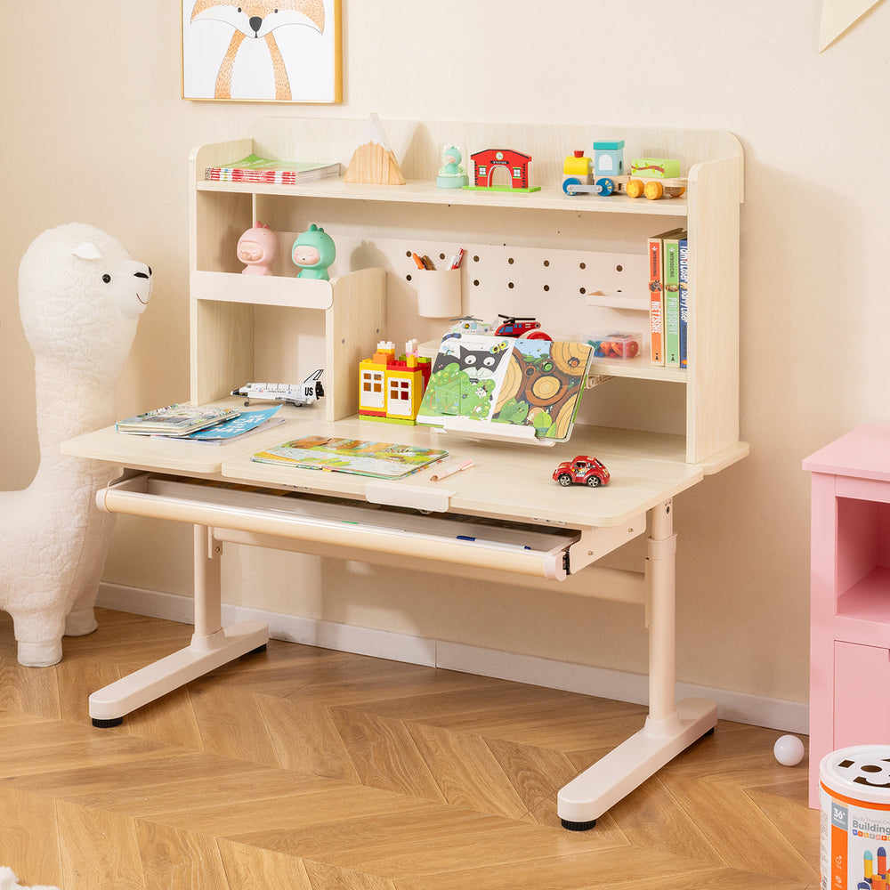Height adjustable writing table in yellow with tilt desktop, storage shelves, and retractable book stand for kids'.