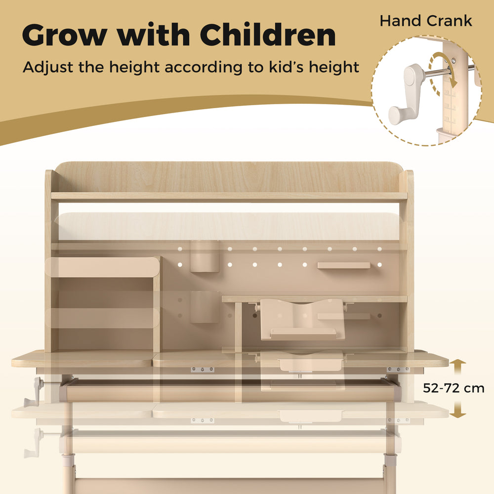 Height adjustable writing table in yellow with a tilt desktop, hand crank, and spacious storage for kids' studying.