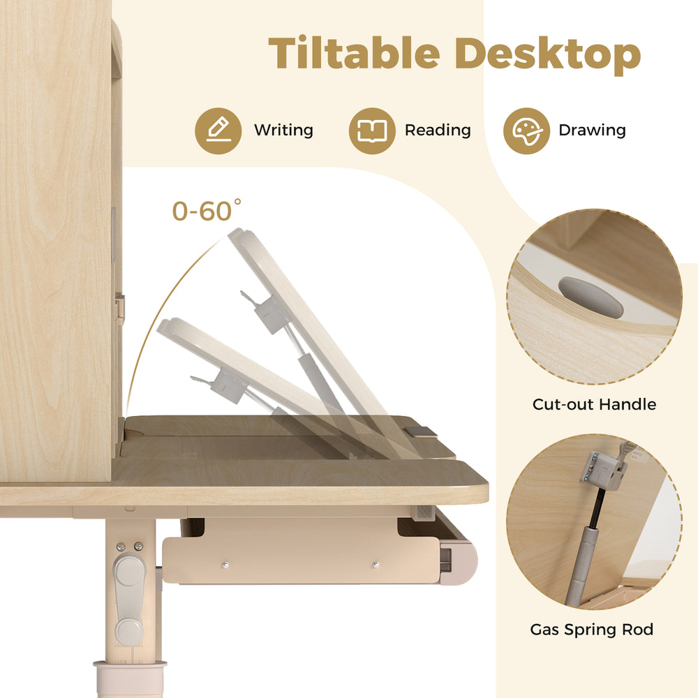 Height adjustable writing table with a tiltable desktop, featuring a retractable book stand and spacious storage for.