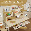 Height adjustable writing table in yellow with spacious desktop, removable tray, and built-in bookshelves for kids'.