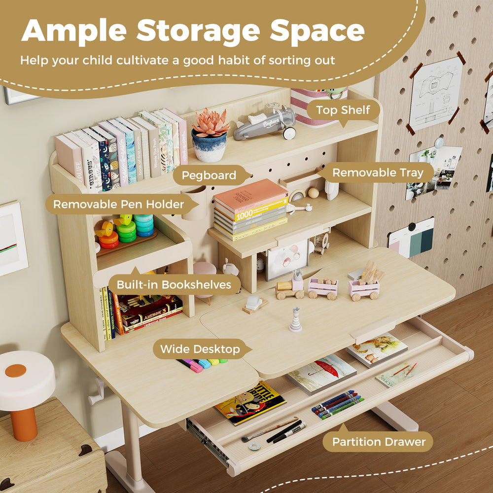 Height adjustable writing table in yellow with spacious desktop, removable tray, and built-in bookshelves for kids'.