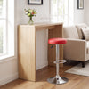 Height-adjustable red bar stool with 360° swivel and sturdy metal frame, perfect for modern kitchens and dining areas.