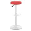 Height-adjustable red bar stool with 360° swivel, PU leather seat, and sturdy metal frame for kitchen or dining use.