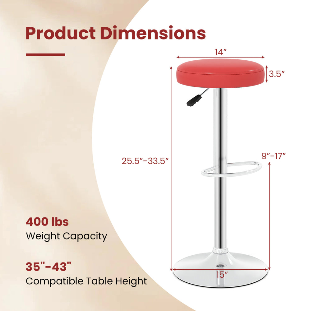 Height-adjustable red bar stool with 360° swivel, soft PU leather, and a sturdy base, perfect for kitchens and dining areas.