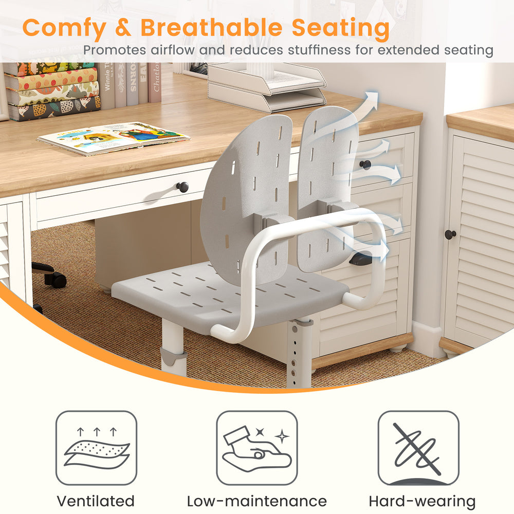 Kid's height-adjustable study chair in gray, featuring breathable seat and double back support for comfortable learning.