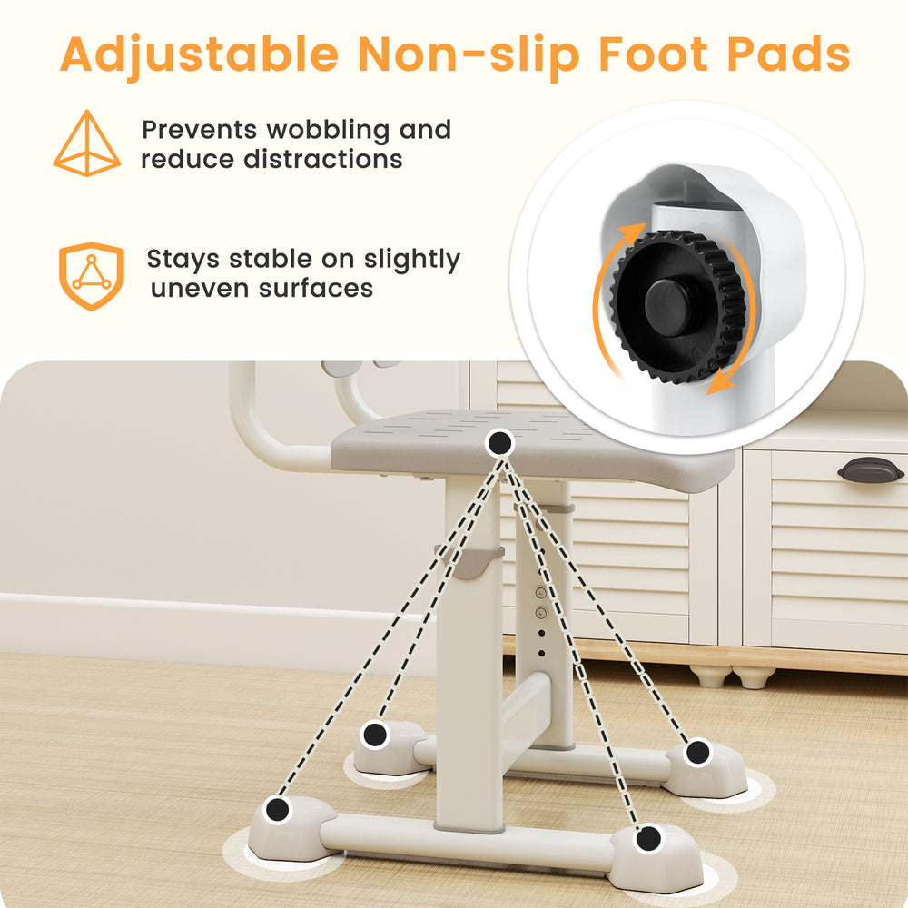 Height-adjustable kid's study chair with non-slip foot pads for stability on uneven surfaces, ideal for proper posture.