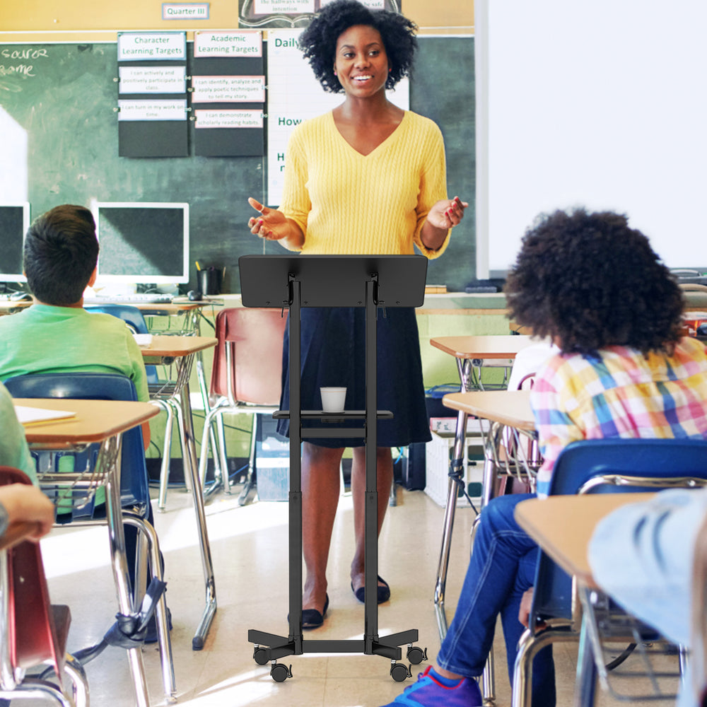 Height-adjustable mobile lectern podium with tilting top and storage tray, ideal for classrooms and offices.