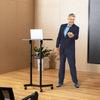 Mobile lectern podium with adjustable height and tilting top, ideal for presentations in classrooms or offices.