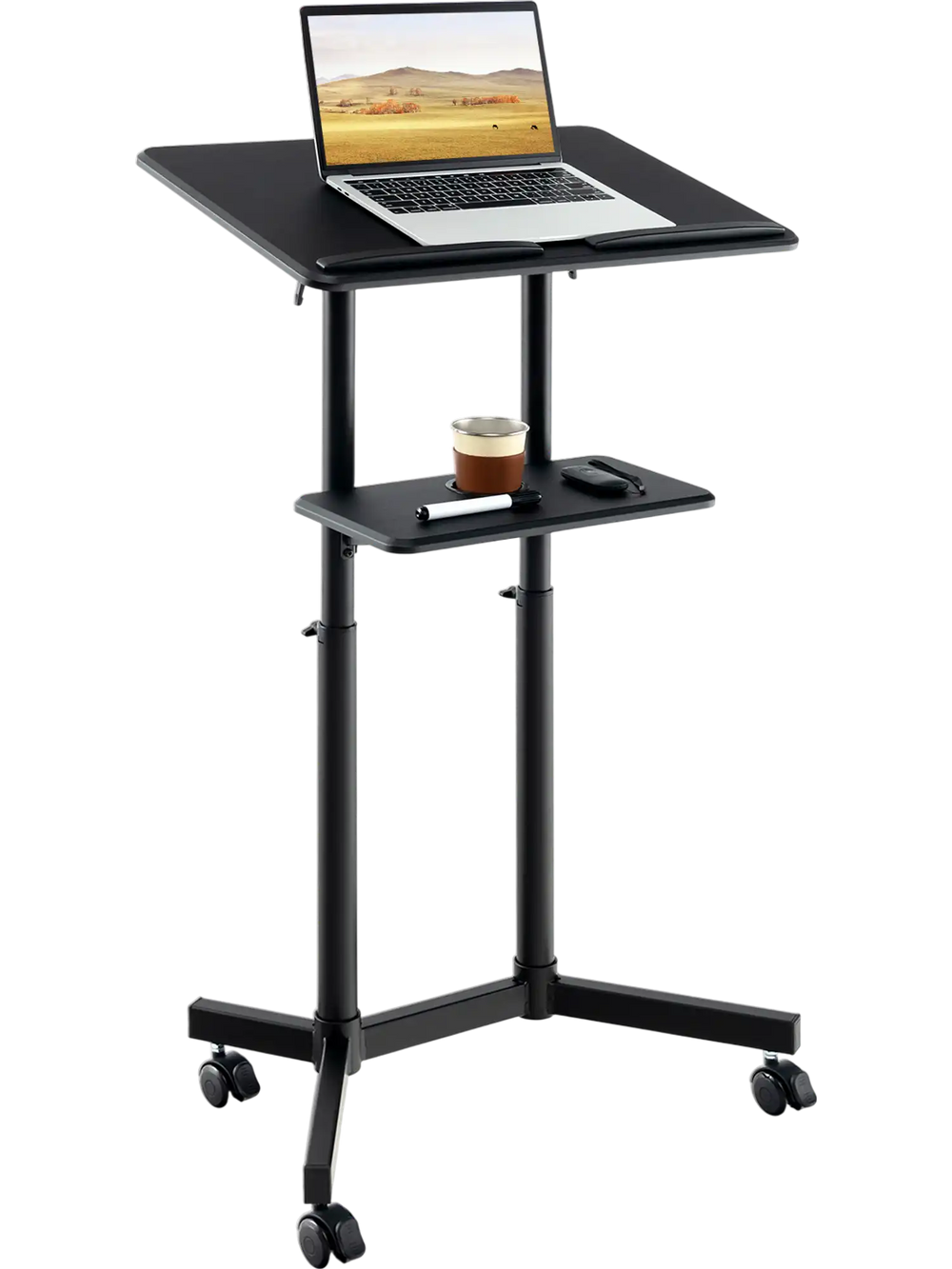 Height-adjustable mobile lectern podium with tilting top, storage tray, and lockable casters for versatile use.