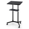 Height-adjustable mobile lectern podium in black with tilting top and storage tray, ideal for classrooms and offices.