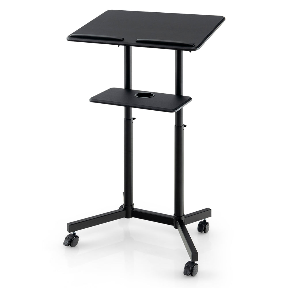 Height-adjustable mobile lectern podium in black with tilting top and storage tray, ideal for classrooms and offices.