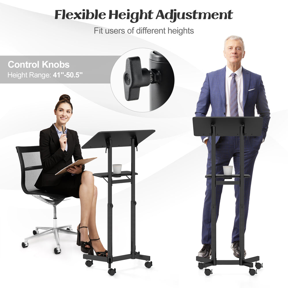 Mobile lectern podium featuring a tilting tabletop and control knobs for height adjustment, perfect for versatile.