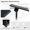 Height-adjustable mobile lectern podium with tilting black tabletop, suitable for presentations and versatile use.