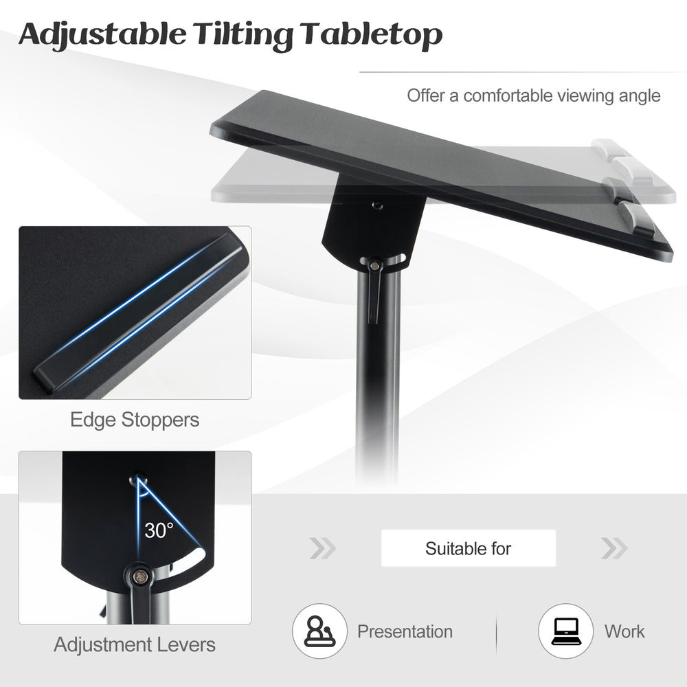 Height-adjustable mobile lectern podium with tilting black tabletop, suitable for presentations and versatile use.