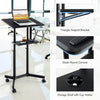 Height-adjustable mobile lectern podium with tilting top, storage shelf, and cup holder for versatile use in classrooms.