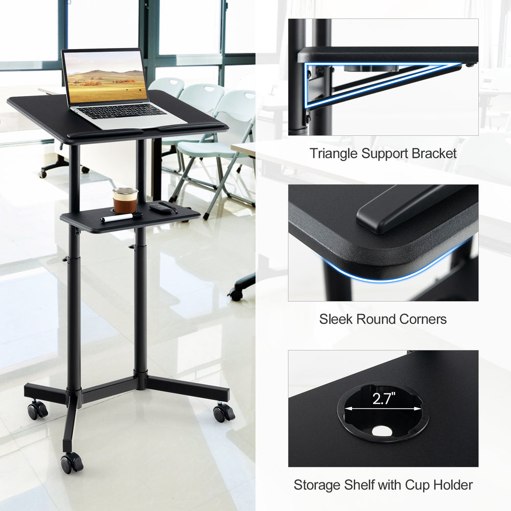 Height-adjustable mobile lectern podium with tilting top, storage shelf, and cup holder for versatile use in classrooms.