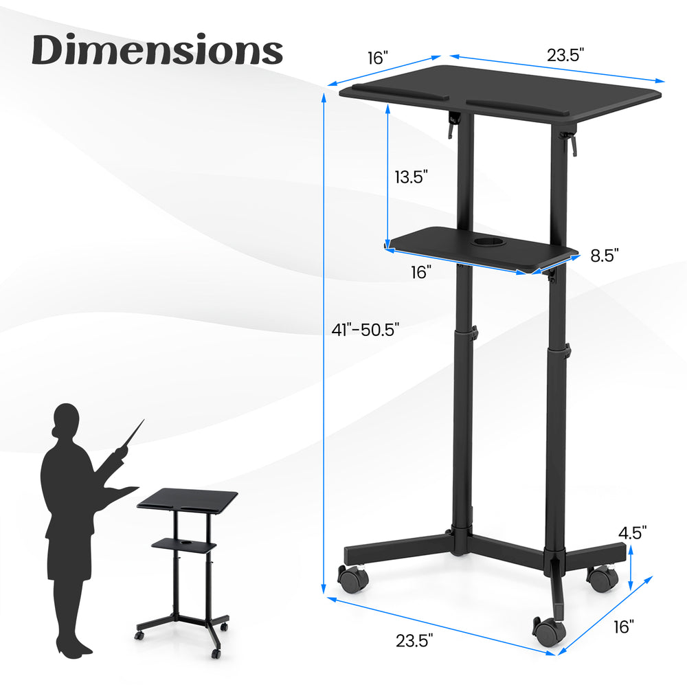 Mobile lectern podium dimensions showing height range of 41"-50.5" and tilting top for adjustable viewing comfort.