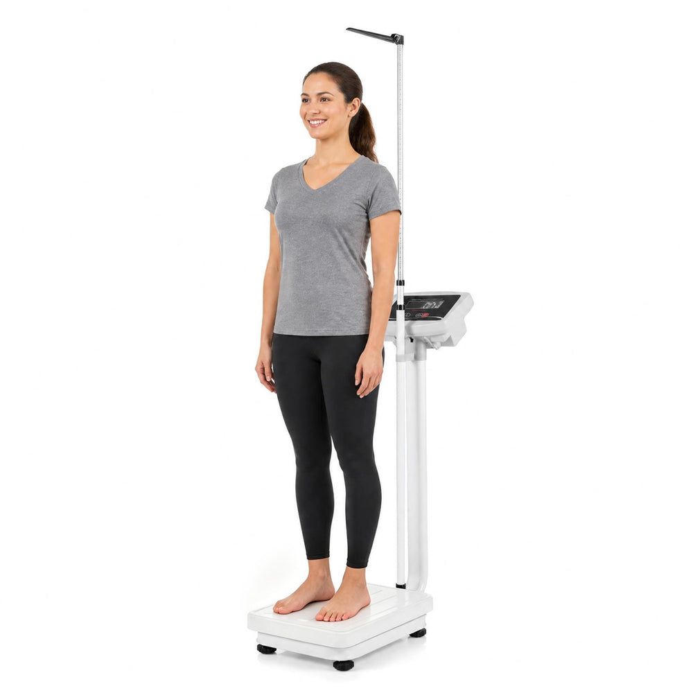 Digital height and weight scale with height rod, LED display, and a capacity of 400 lbs for versatile measurement use.