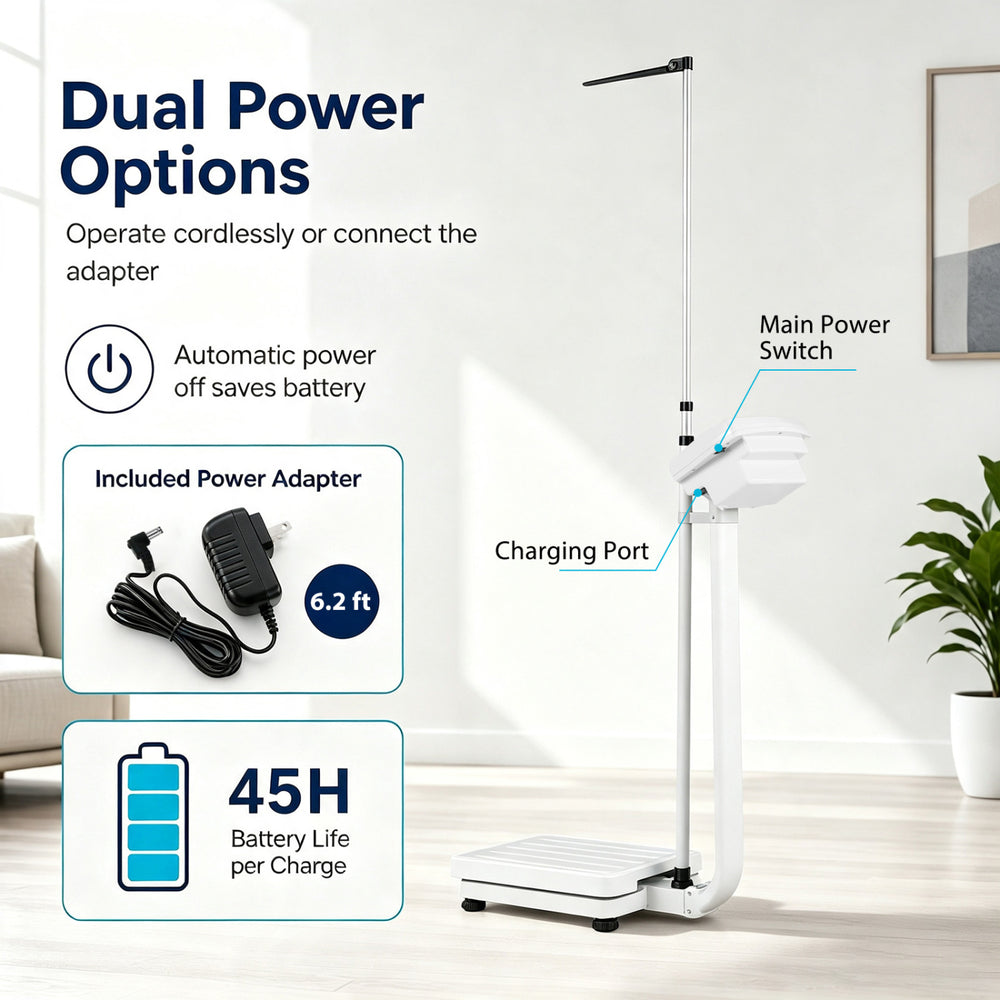 Digital height and weight scale with height rod, LED display, and dual power options for versatile measurement use.
