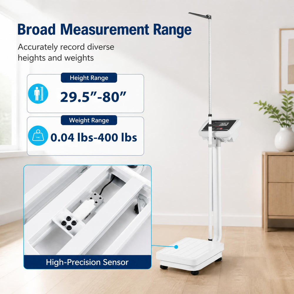 Digital height and weight scale with height rod, measuring 29.5"-80" and 0.04-400 lbs, ideal for home and gym use.