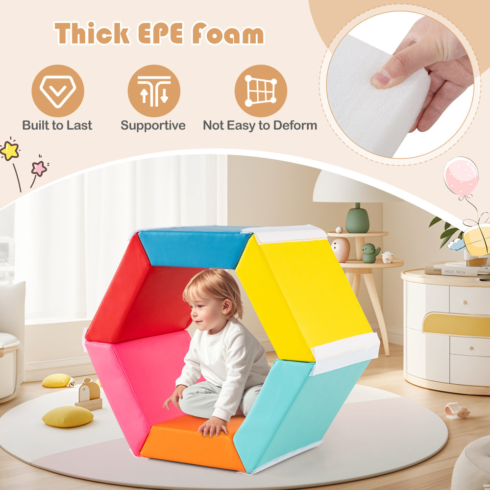 Multicolor hexagon kids ball pit foam block, designed for fun and exercise, featuring a soft, supportive EPE foam.